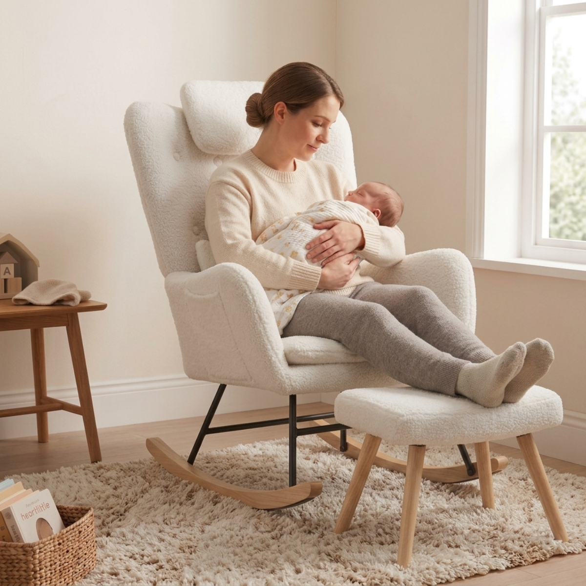 A woman in a cream sweater and gray leggings sits in a cream boucle rocking chair holding a baby, with a matching cream boucle footstool in front. The room has a warm neutral color palette with a wooden side table, a window, and a shag rug.