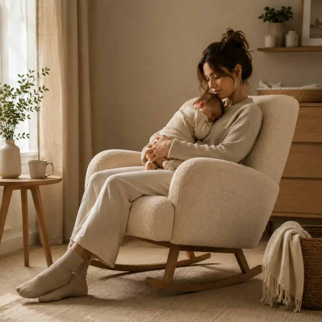woman with a baby on a nursing rocking chair
