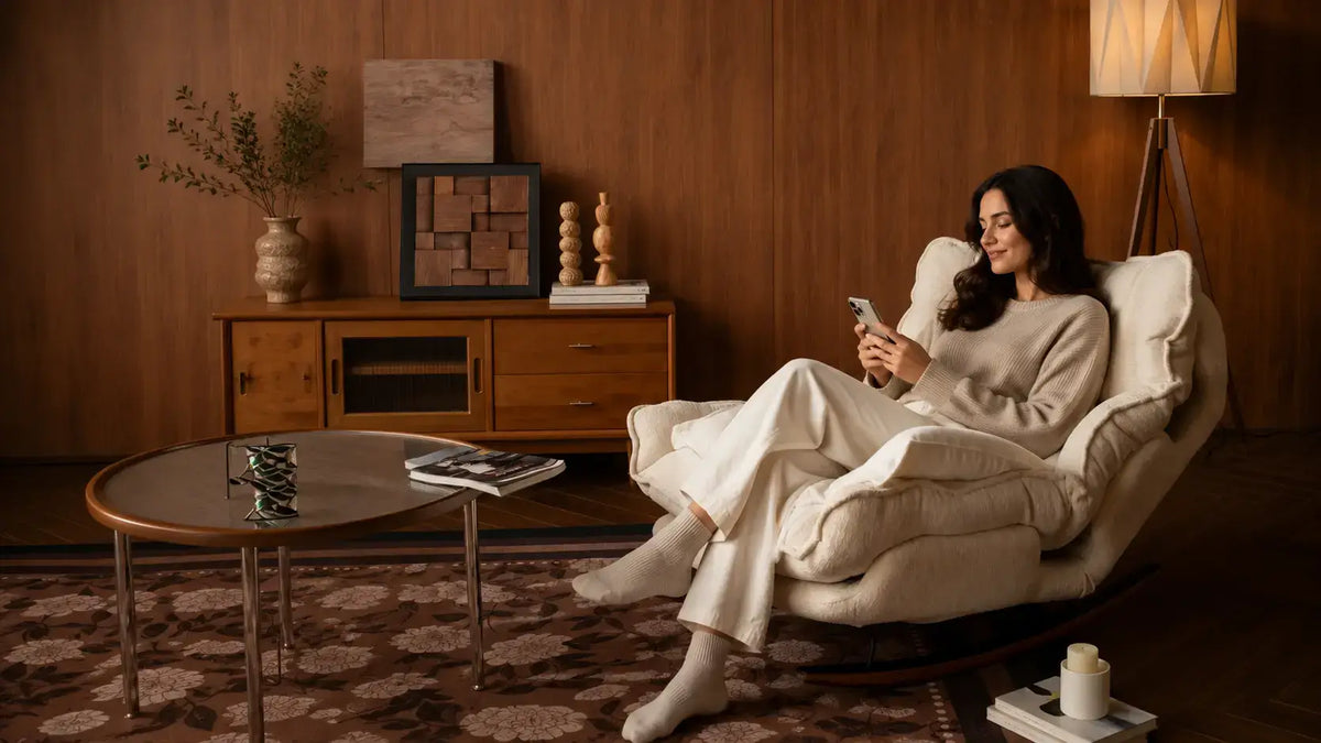 A woman relaxes in a cream-colored rocking recliner chair, wrapped in a matching cream knit sweater and blanket, holding a phone in a cozy, warm-toned living room with wood-paneled walls.