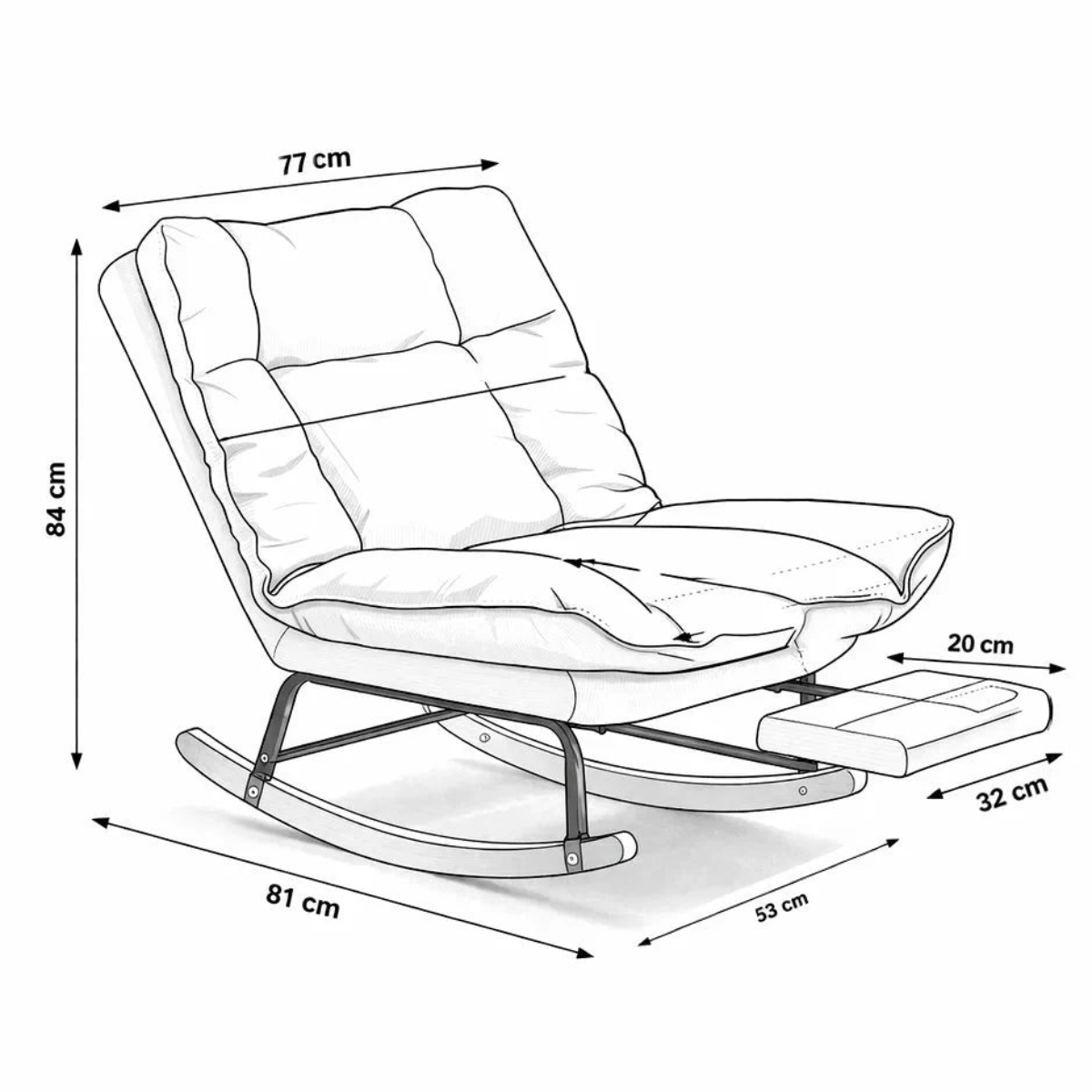 Line drawing of a rocking chair with dimensions labeled