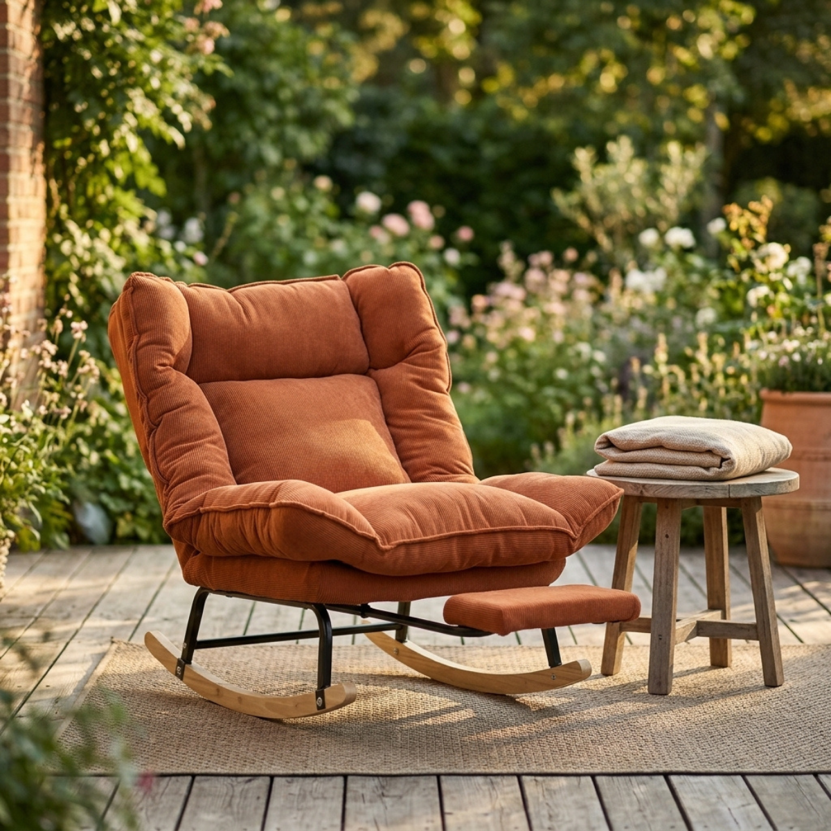 An outdoor lounge chair in rust-orange velvet with a matching footrest, set on a wooden deck beside a small stool with folded blankets, against a lush garden background.