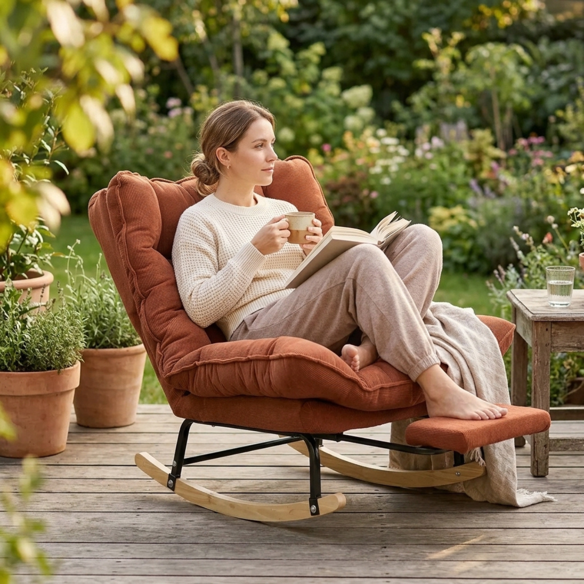 A woman relaxes in a rust-brown outdoor rocking chair on a wooden deck, holding a mug and reading a book. The chair has a cushioned seat and back with a footrest, set against a lush garden background.