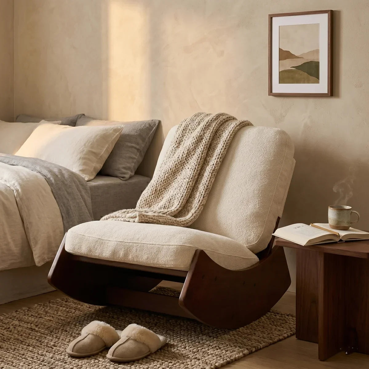 A cream bouclé rocking chair with a dark wood base in a cozy bedroom setting, styled with a chunky knit throw blanket, a bed, a side table with an open book and steaming mug, and slippers on a woven rug.