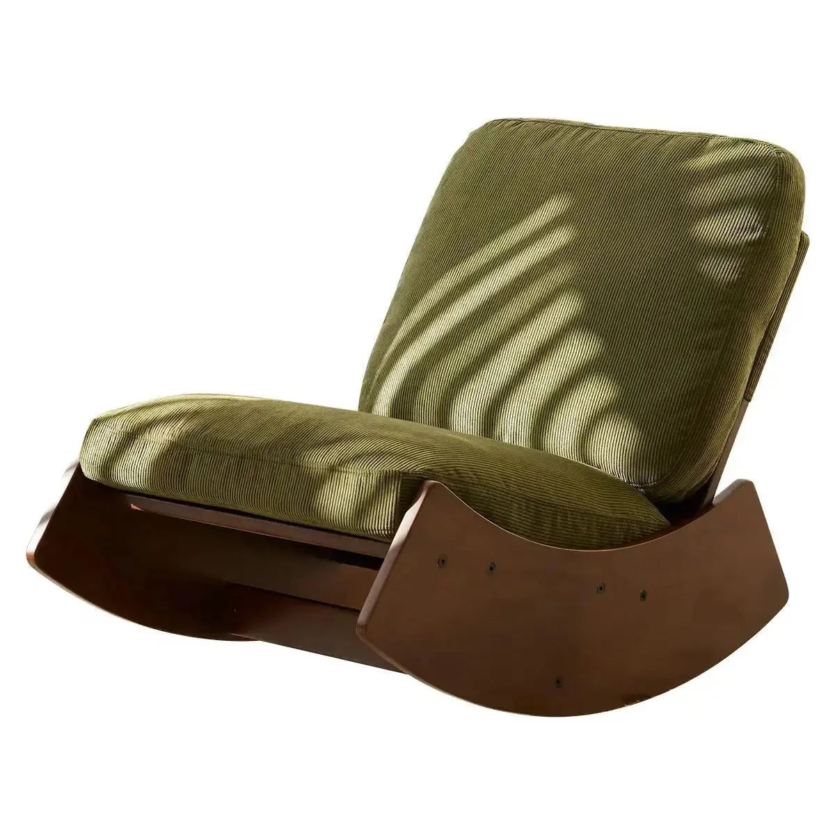 Green cushioned rocking chair with brown wooden base on a white background