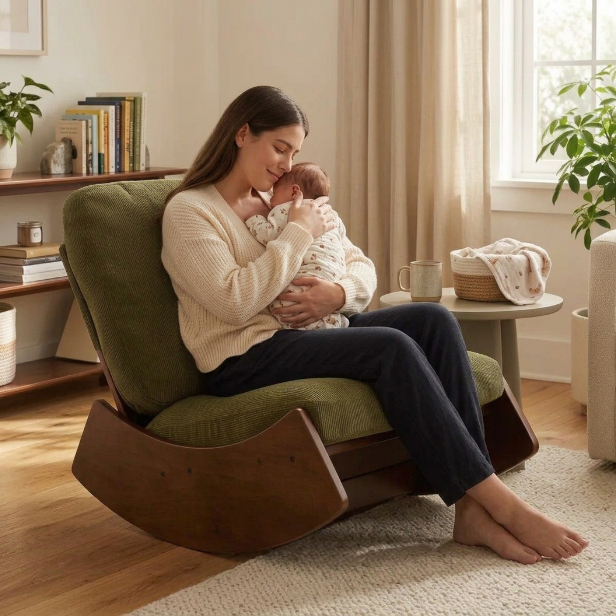 A woman sits in a wooden rocking chair with olive green upholstery, holding a baby in a softly lit living room.