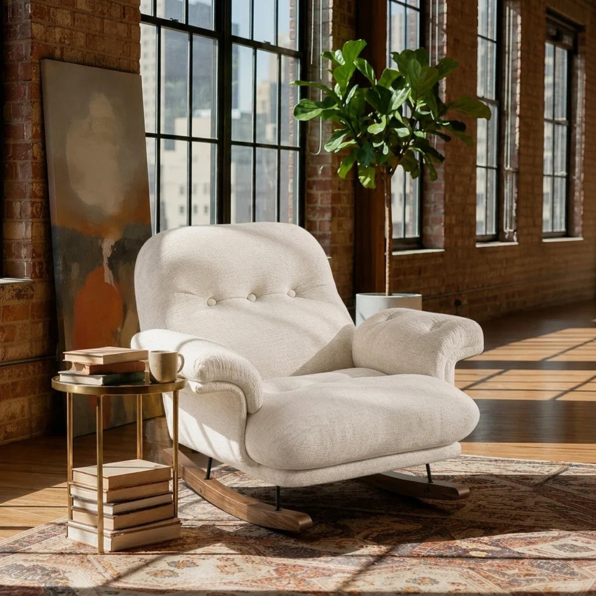 A cream-colored upholstered rocking chair with button tufting on the back, set in a sunlit loft room with brick walls, large windows, a potted plant, and a small side table.