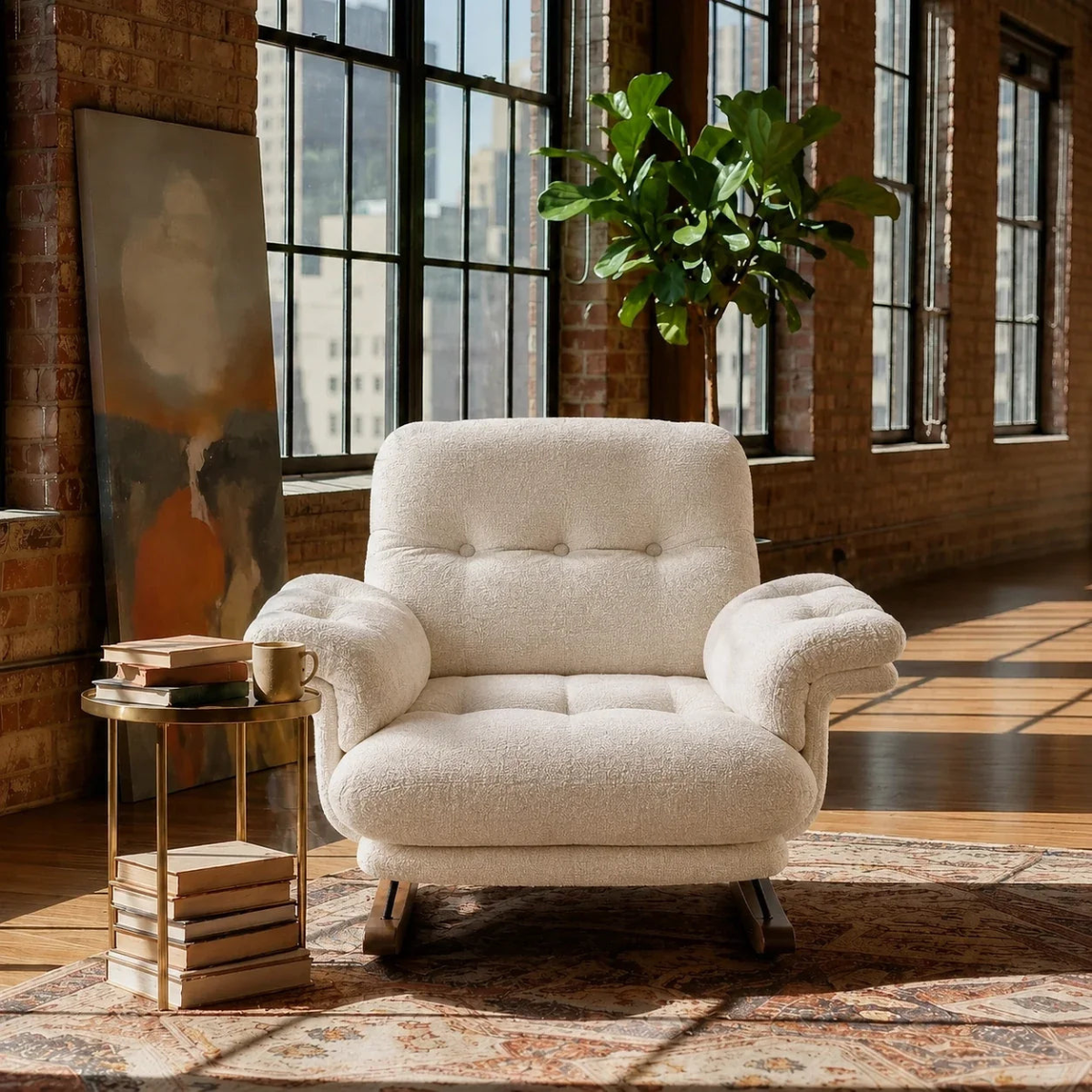A plush cream bouclé armchair with tufted button detailing sits in a sunlit loft room with brick walls, large industrial windows, a potted fiddle-leaf fig, and a small round side table with books and a mug.