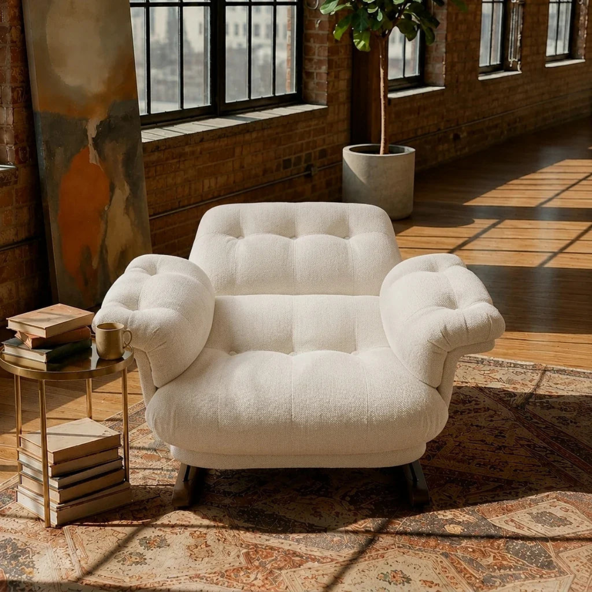 A plush, tufted cream-colored armchair in a sunlit loft room with brick walls, wooden floors, a patterned rug, and a small side table with books.