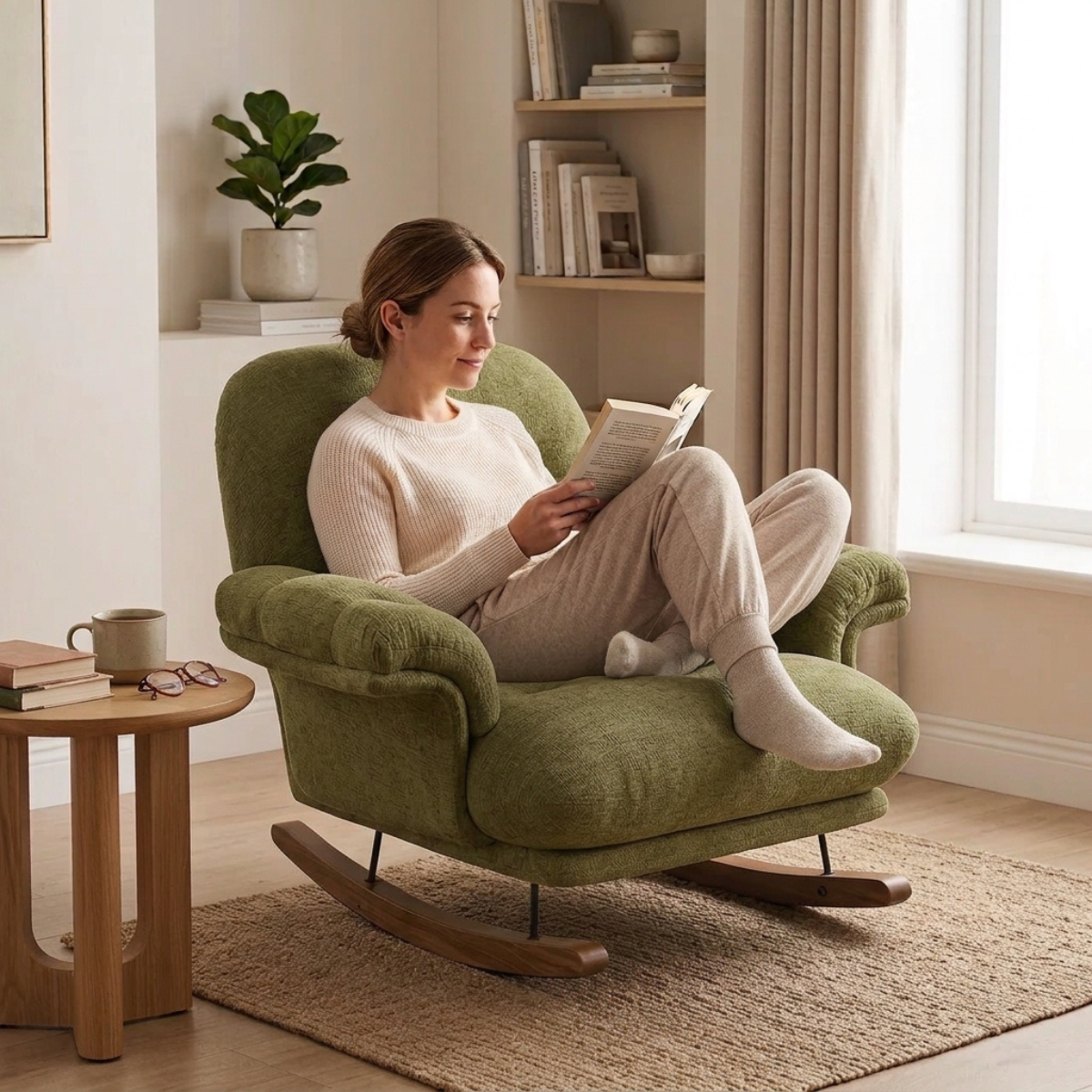 A woman in beige loungewear sits in a green upholstered rocking chair, reading a book in a bright, neutral-toned living room. A small wooden side table with a mug is beside the chair, and a window with curtains is in the background.
