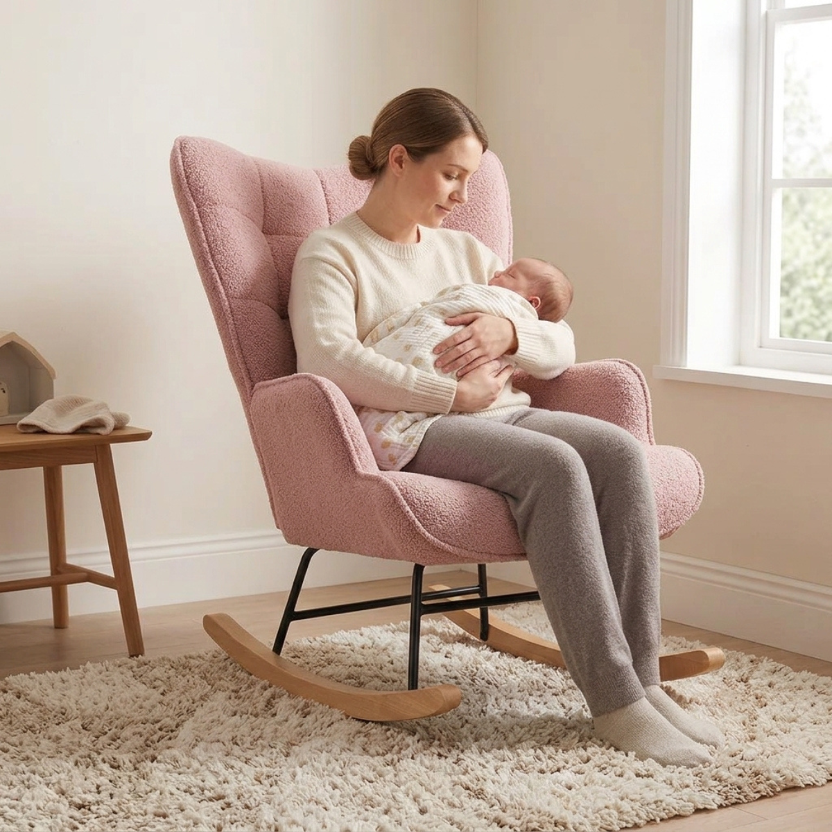 woman with baby on a briar ultra soft teddy nursing chair