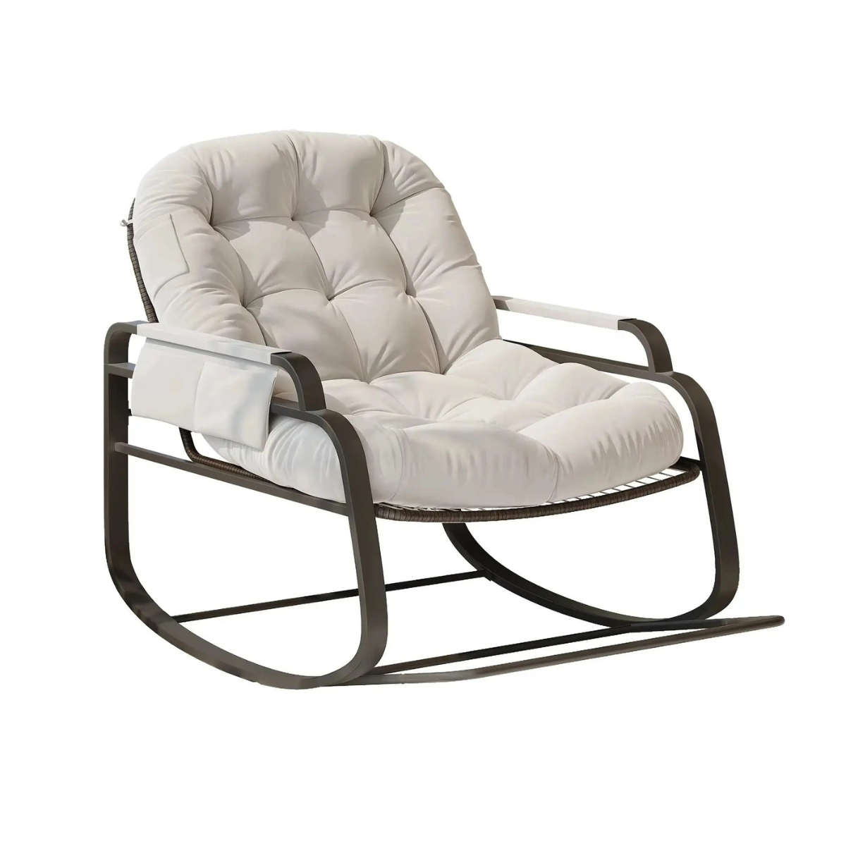 A modern outdoor rocking chair with a tufted, cushioned seat and backrest in a light beige fabric, supported by a dark metal frame with curved rockers.