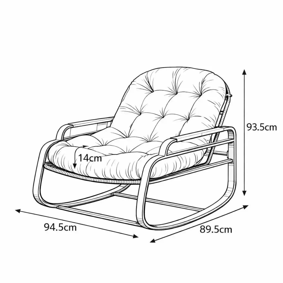 Measurement diagram of a rocking chair with dimensions labeled.