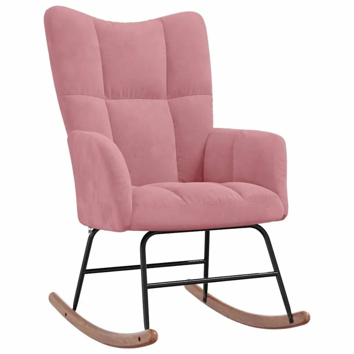 Pink rocking chair with black metal frame and wooden base on a white background