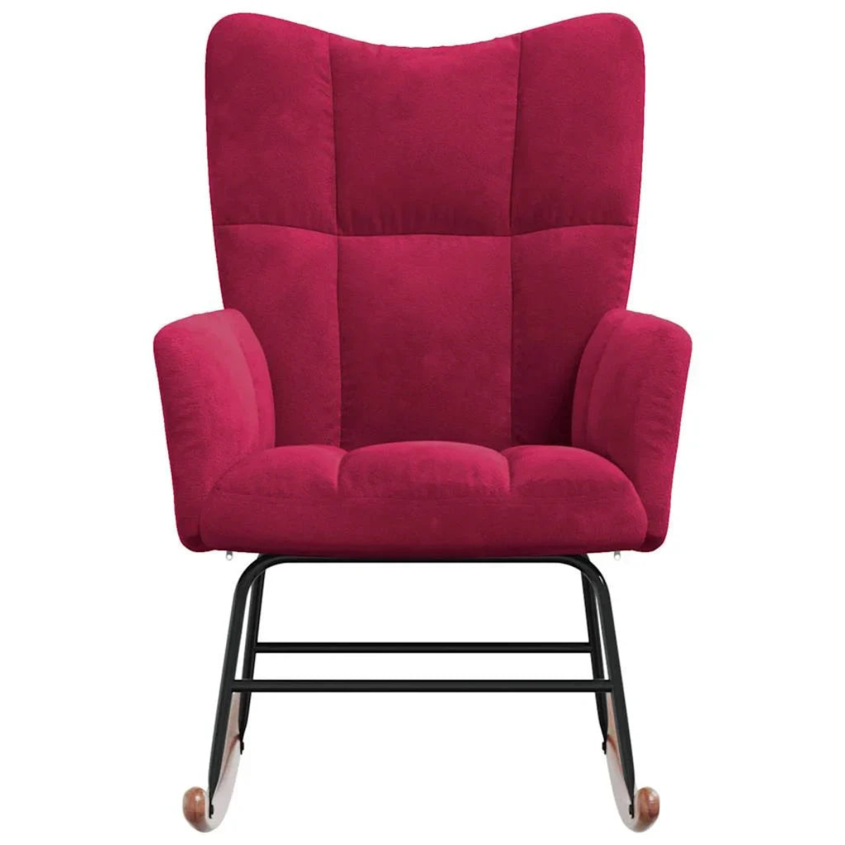 A high-back upholstered rocking chair in rich magenta pink velvet fabric, featuring a black metal frame and wooden-look feet, shown against a plain white background.