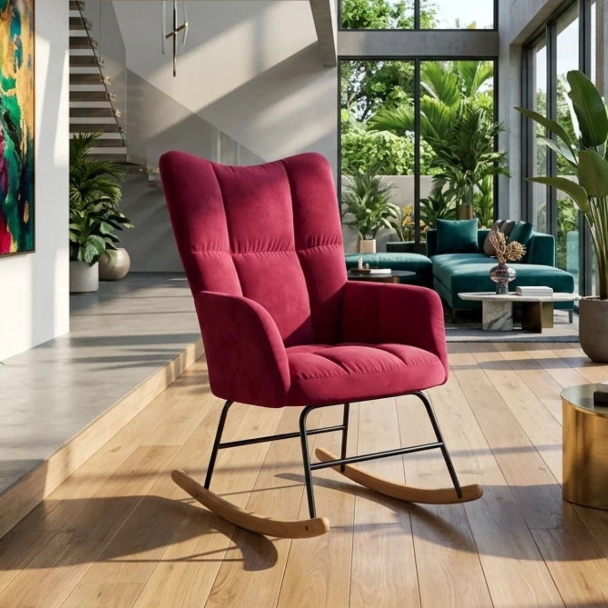 Red rocking chair in a modern living room with large windows and plants.