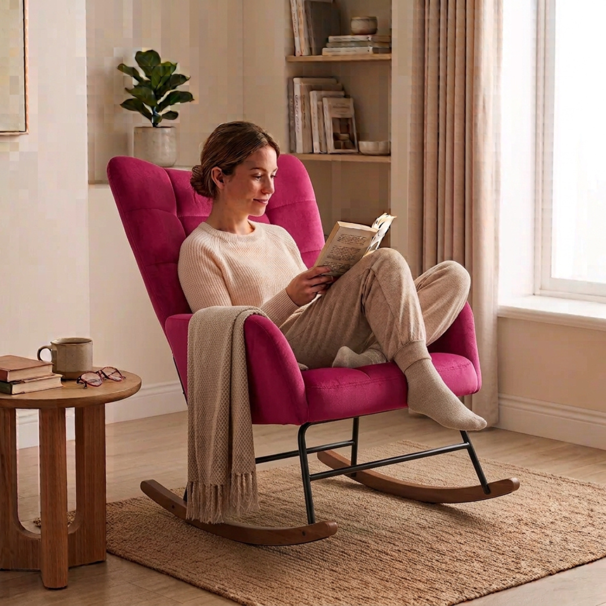 A woman sits in a bright magenta upholstered rocking chair, reading a book in a cozy, sunlit room with beige curtains, a wooden side table, and a woven rug.