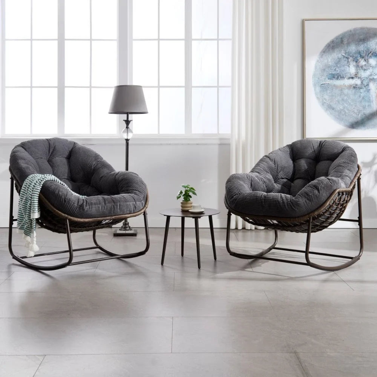 cove papasan rattan ribbed velvet rocking chair lifestyle pair