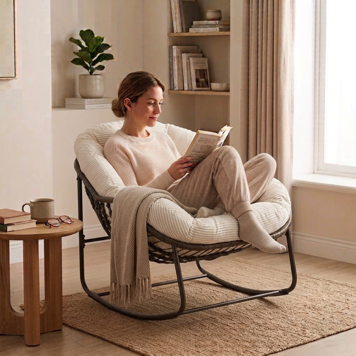 A woman relaxes in a black metal rocking chair with cream ribbed cushions, reading a book in a warm, neutral-toned living room. A beige knit throw blanket is draped over the chair.
