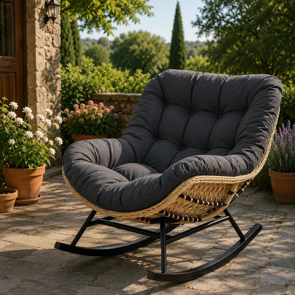 Rattan rocking chair with dark gray cushion on a stone patio with plants and a building in the background