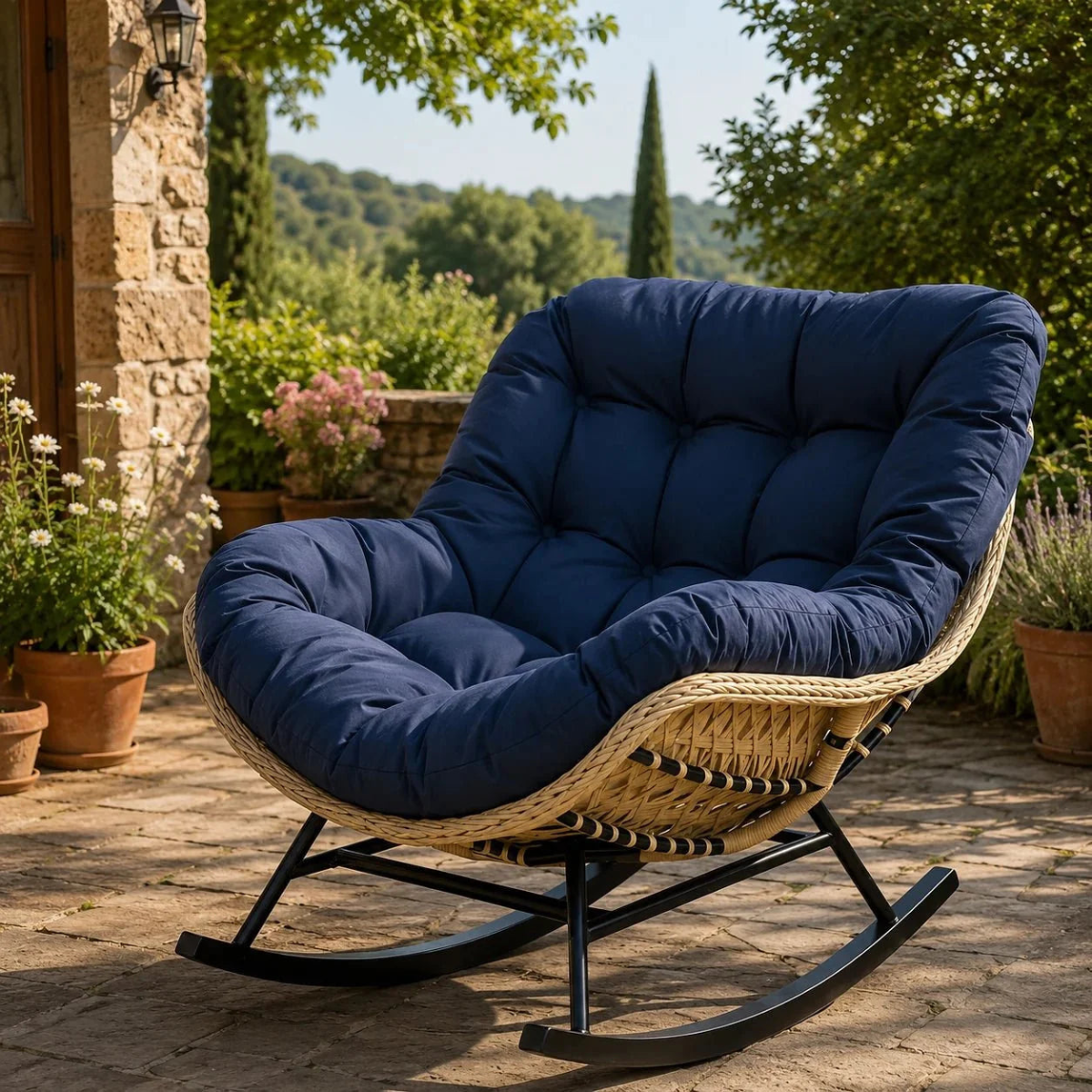 Nest chair with blue cushion on a patio with plants and trees in the background