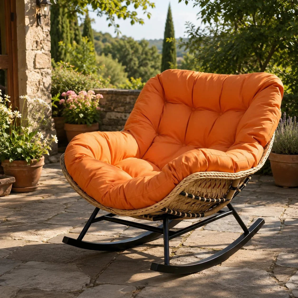 Orange cushioned chair on a stone patio with greenery in the background
