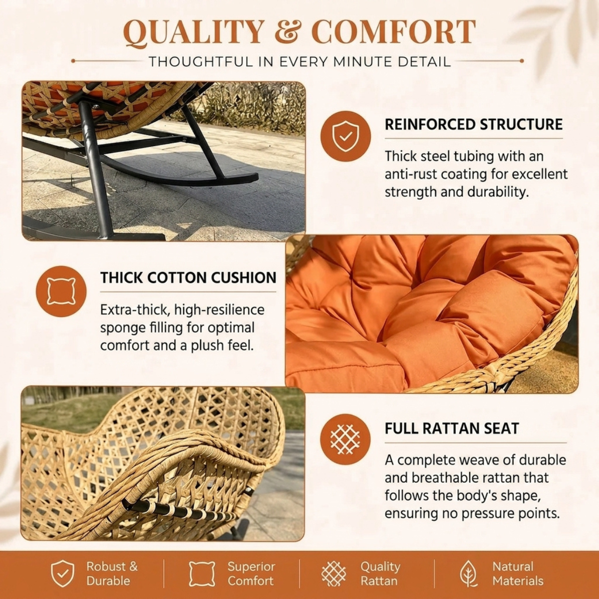 An infographic detailing the features of an outdoor wicker chair, with three photo panels showing the chair's reinforced steel legs, thick orange cushion, and full rattan seat. The text highlights 'Quality & Comfort' and lists features like reinforced structure, thick cotton cushion, and full rattan seat on an off-white background with orange accents.