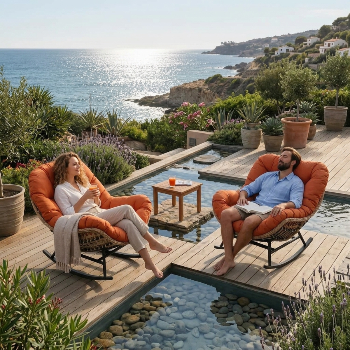 Two people relax in orange cushioned outdoor rocking chairs on a wooden deck overlooking a sunny ocean poolside scene.