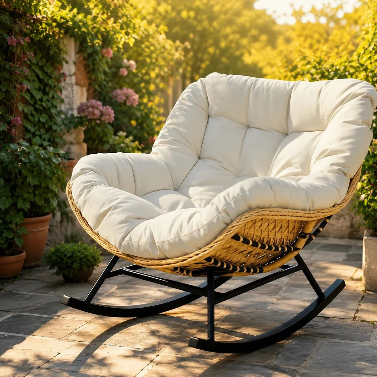 White cushioned papasan chair on a stone patio with greenery in the background