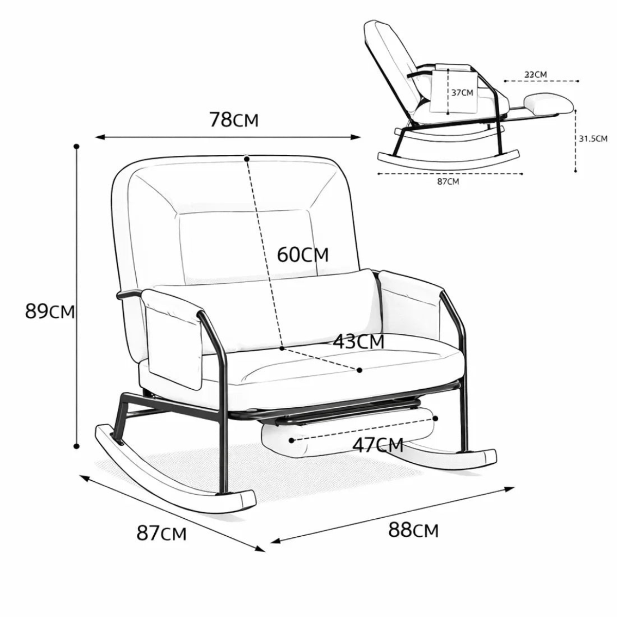 Black and white line drawing of a rocking chair with dimension labels and measurements, including a smaller inset view showing additional dimensions.