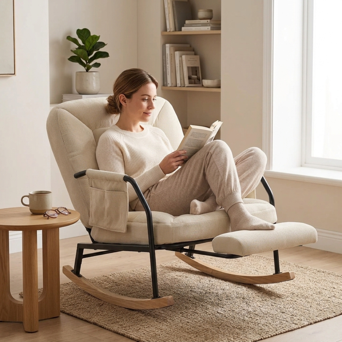 A woman relaxes in a cream upholstered rocking chair with a matching footrest, reading a book in a bright, neutral-toned room. The chair has black metal rocking frames and light wood rockers, with a small side table nearby.