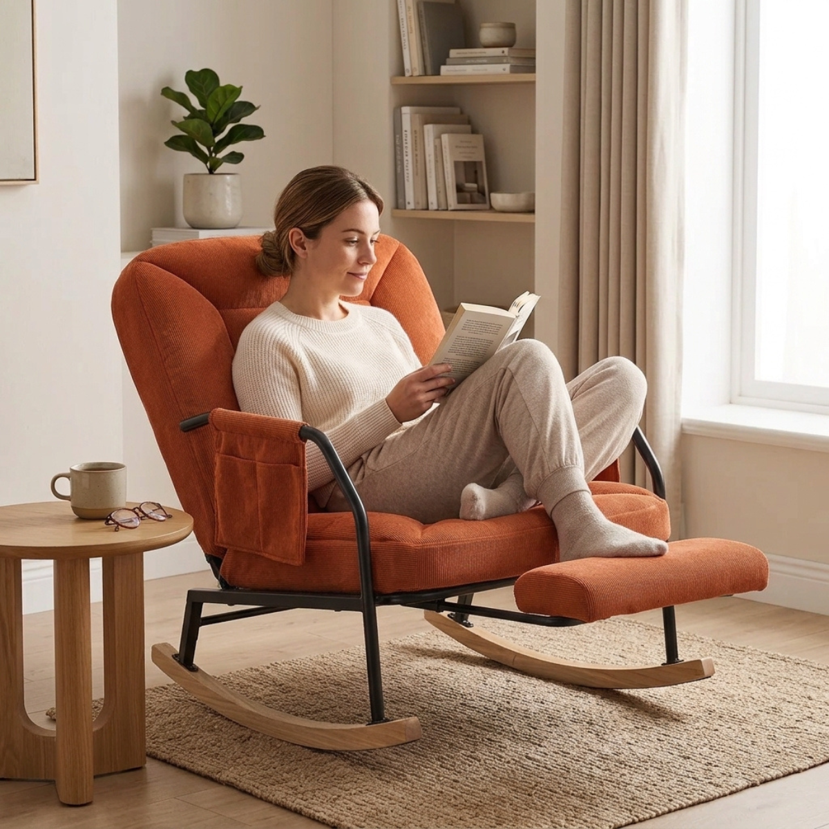 A woman sits in a rust-orange upholstered rocking chair with a matching footrest, reading a book in a bright, neutral-toned living room.
