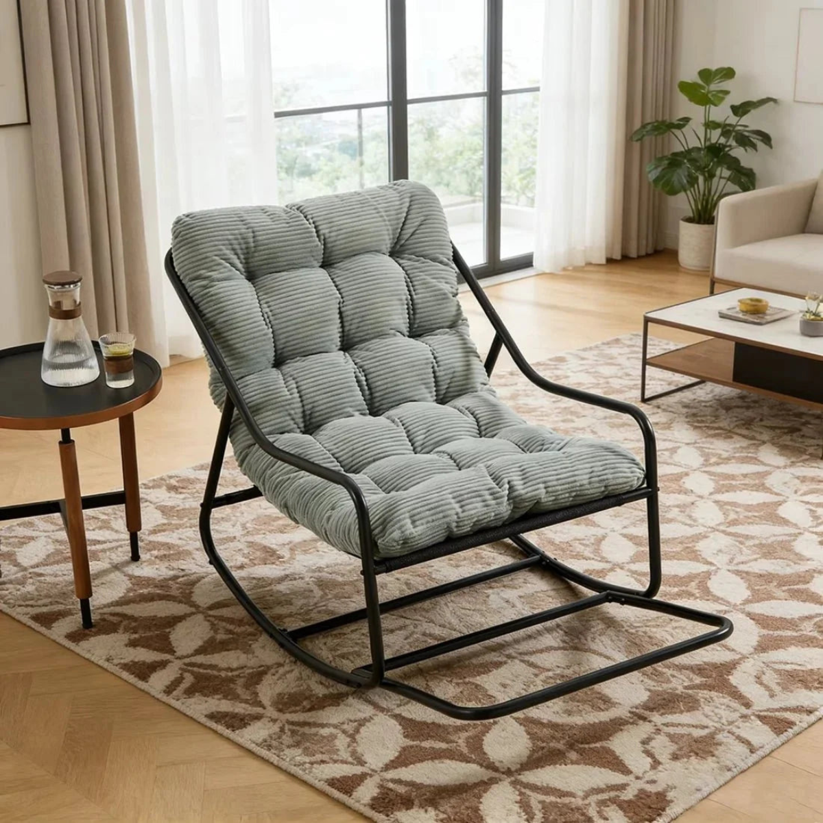 ember corduroy rocking chair black frame lifestyle colour sage