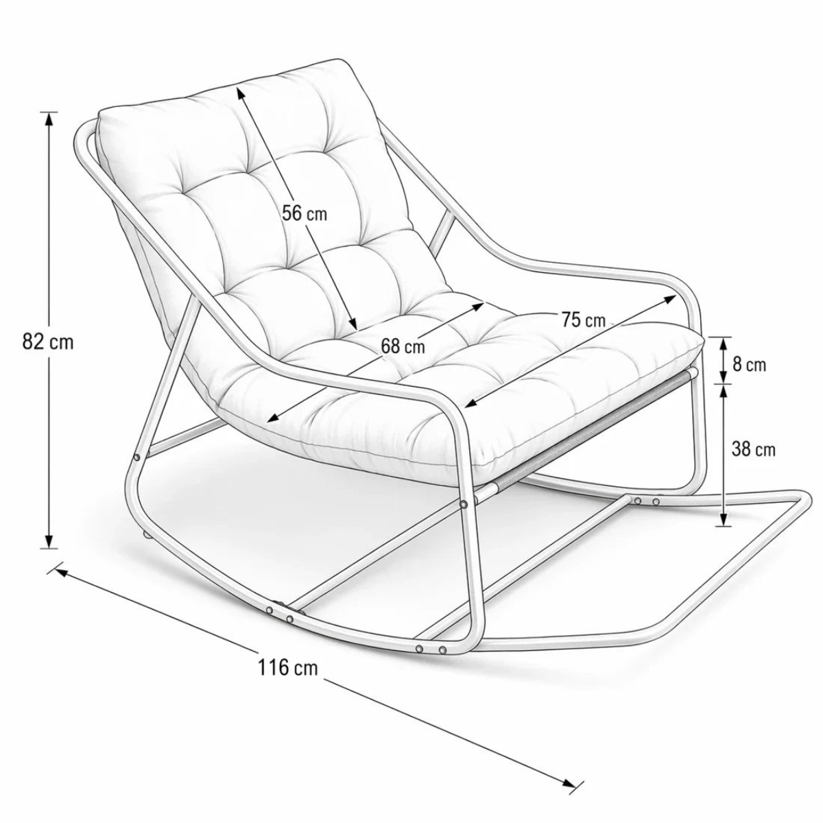 Measurement chart of a rocking chair with dimensions labeled.