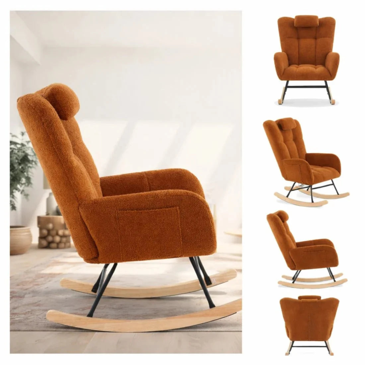Brown rocking chair in a room setting with additional views of the chair.