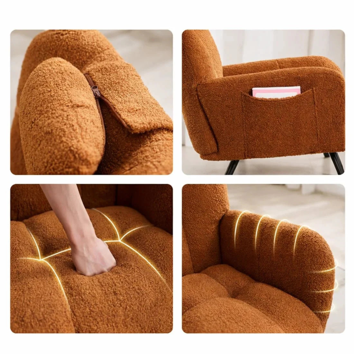 Brown plush armchair with pocket and cushioned seat, shown from multiple angles.