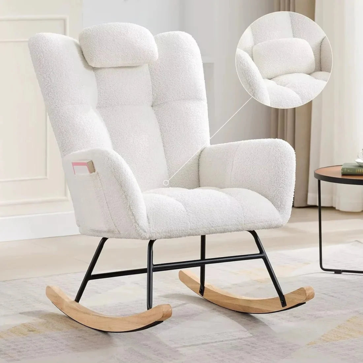 A white bouclé rocking chair with a high padded backrest, black metal rocking legs, and natural wood rockers, shown in a bright indoor room. A circular inset highlights the soft textured fabric of the backrest.