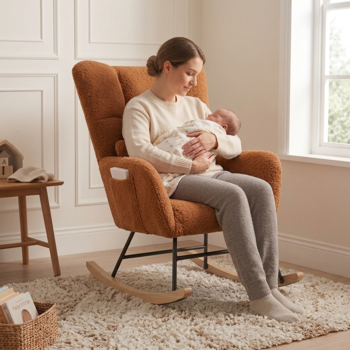 A woman in a cream sweater and gray leggings sits in a brown boucle rocking chair, holding a baby wrapped in a white patterned blanket. The chair is placed on a shag rug in a bright, neutral nursery with a small wooden side table and window in the background.