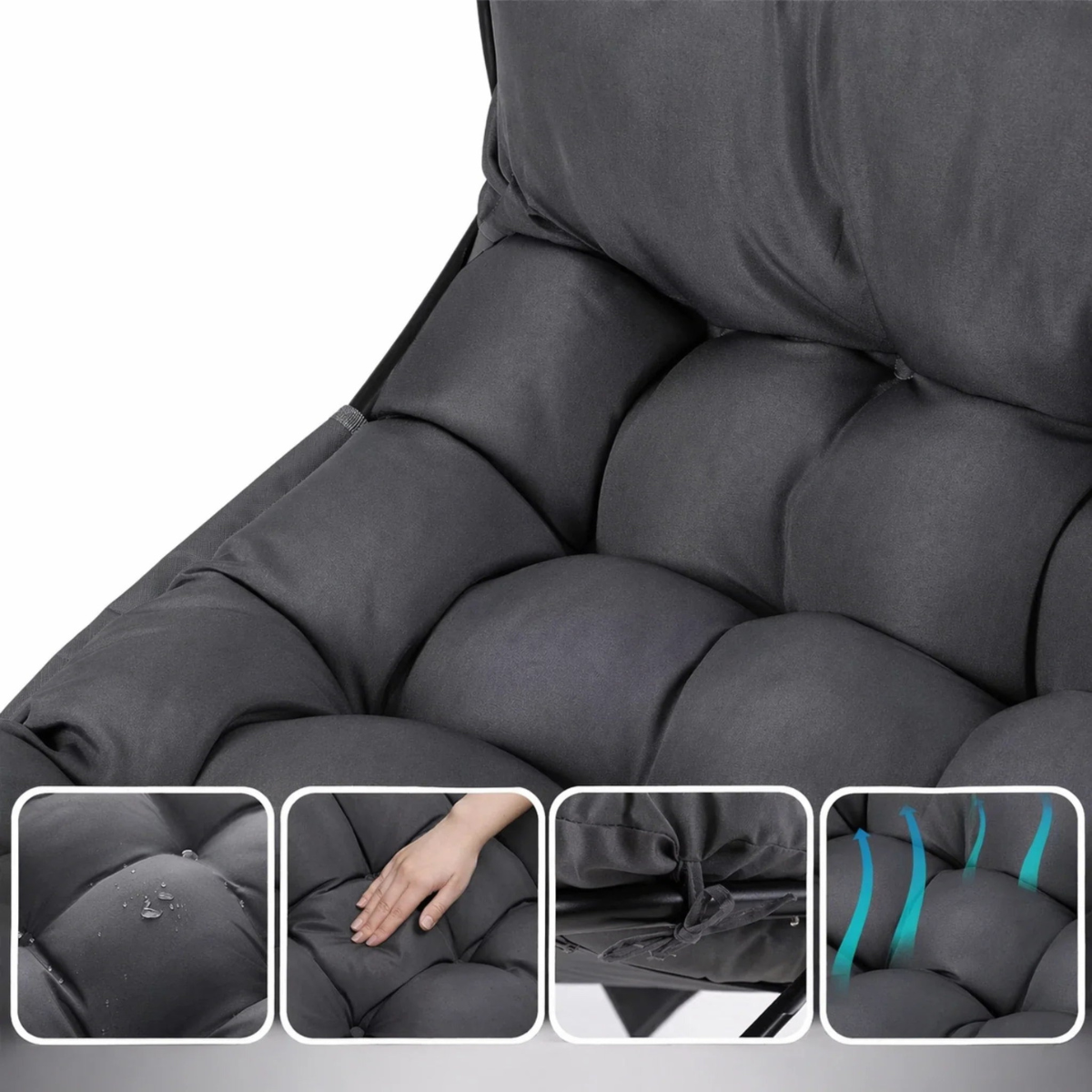 Gray cushioned chair with close-up insets showing texture and stitching details.