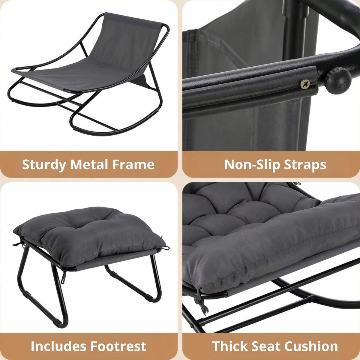 Four-panel product feature collage for a black outdoor rocking chair with a gray seat cushion and included footrest. Panels show the full chair, close-up of non-slip straps, the chair with the footrest, and a close-up of the thick seat cushion.