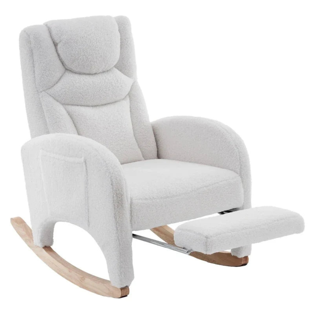 A light beige bouclé rocking chair with a matching footrest and natural wood rockers, shown on a solid white background.