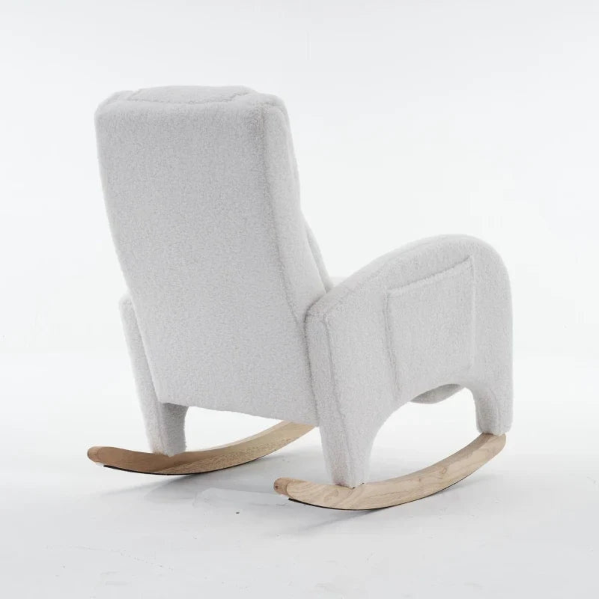 A modern upholstered rocking chair with a high back, curved armrests, and light natural wood rocking bases, shown on a clean white studio background.