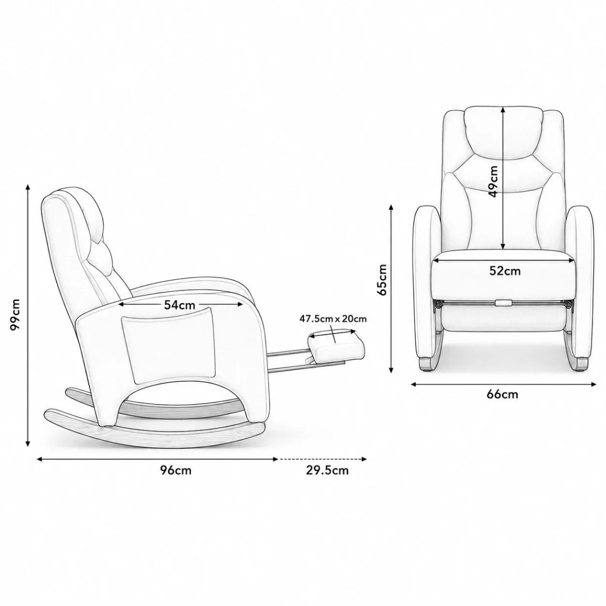 Black and white line drawing schematic of a rocking chair showing front and side views with dimension measurements.