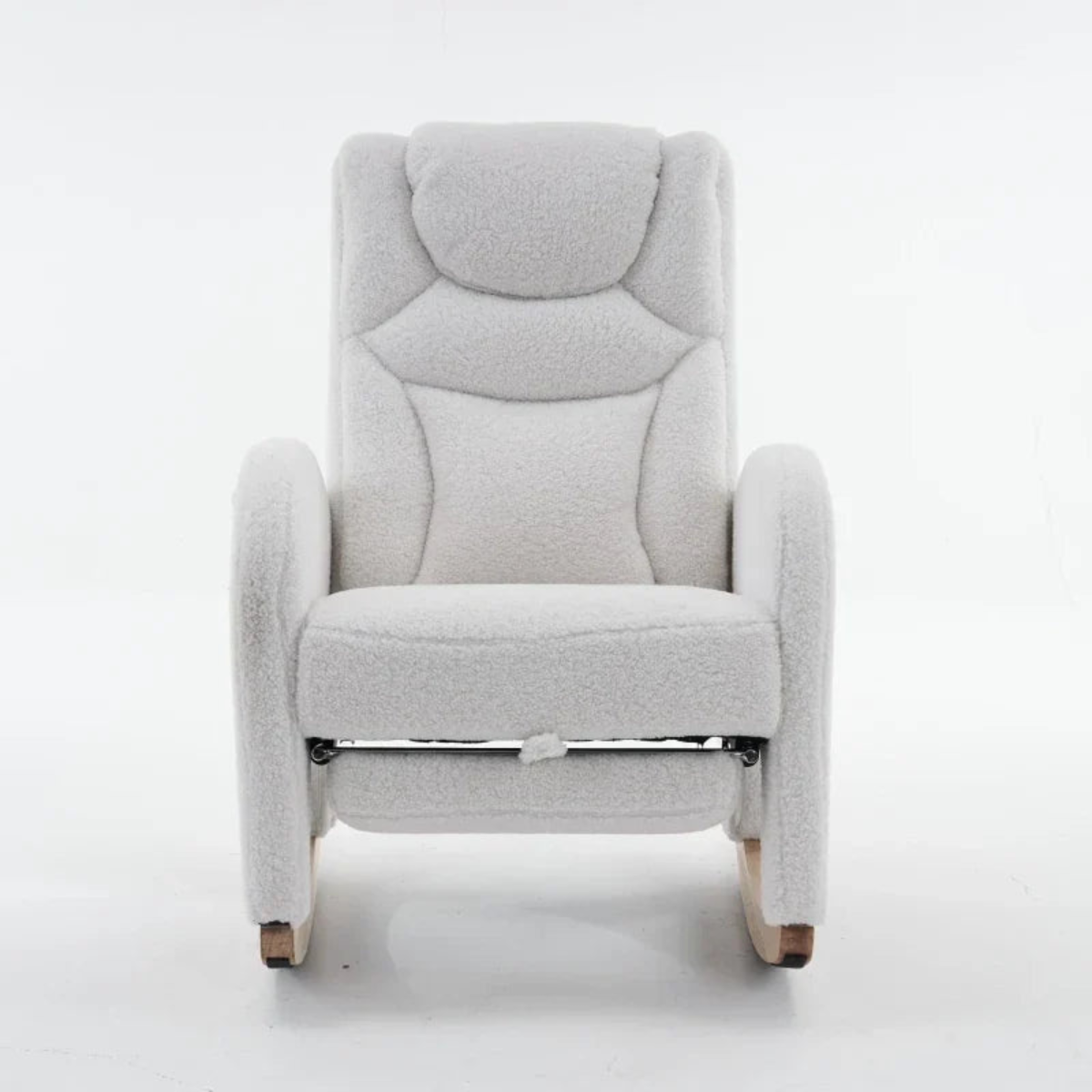 A light gray bouclé rocking chair with a high back, padded headrest, and wooden feet, shown against a plain white background.