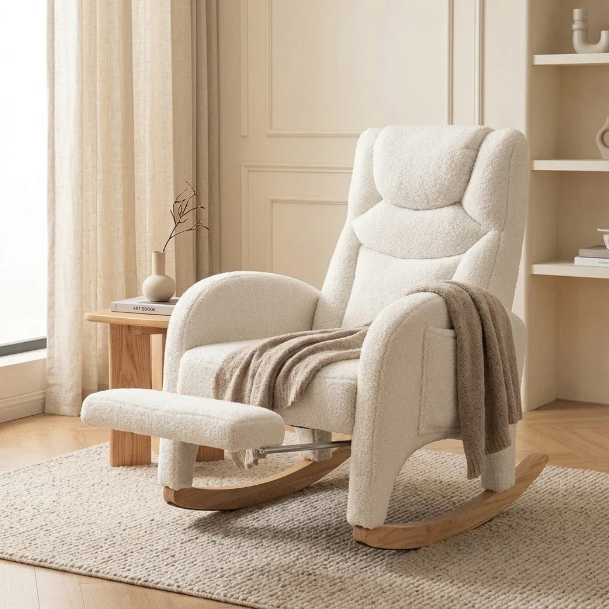 A cream-colored textured fabric rocking chair with an attached footrest and a draped beige throw blanket, set in a warm, neutral-toned room with a wooden floor, rug, and curtains.