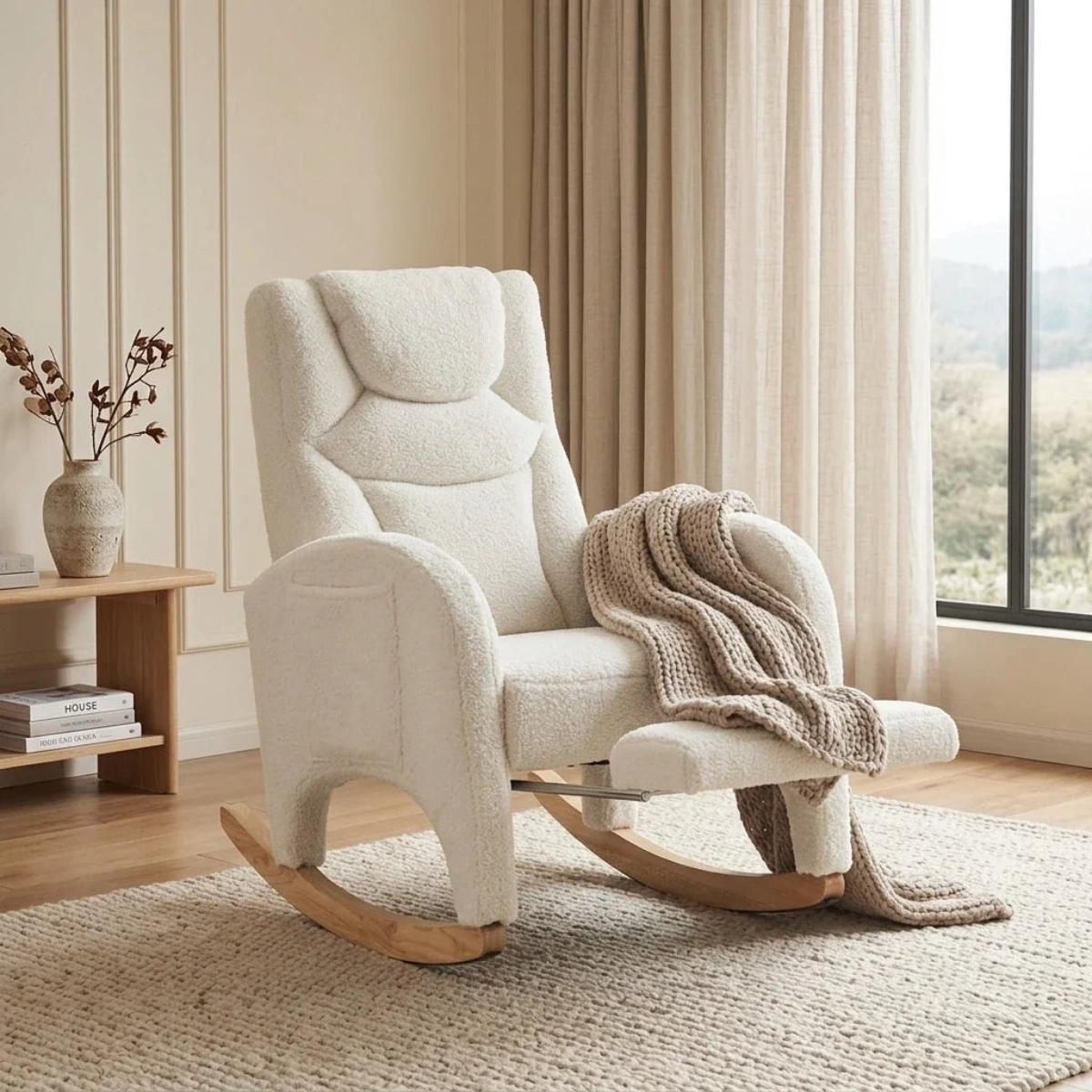 A cream bouclé rocking chair with a matching footrest and wooden rockers, styled in a bright, modern nursery or living room with beige curtains, a wooden side table, and a chunky knit throw blanket.