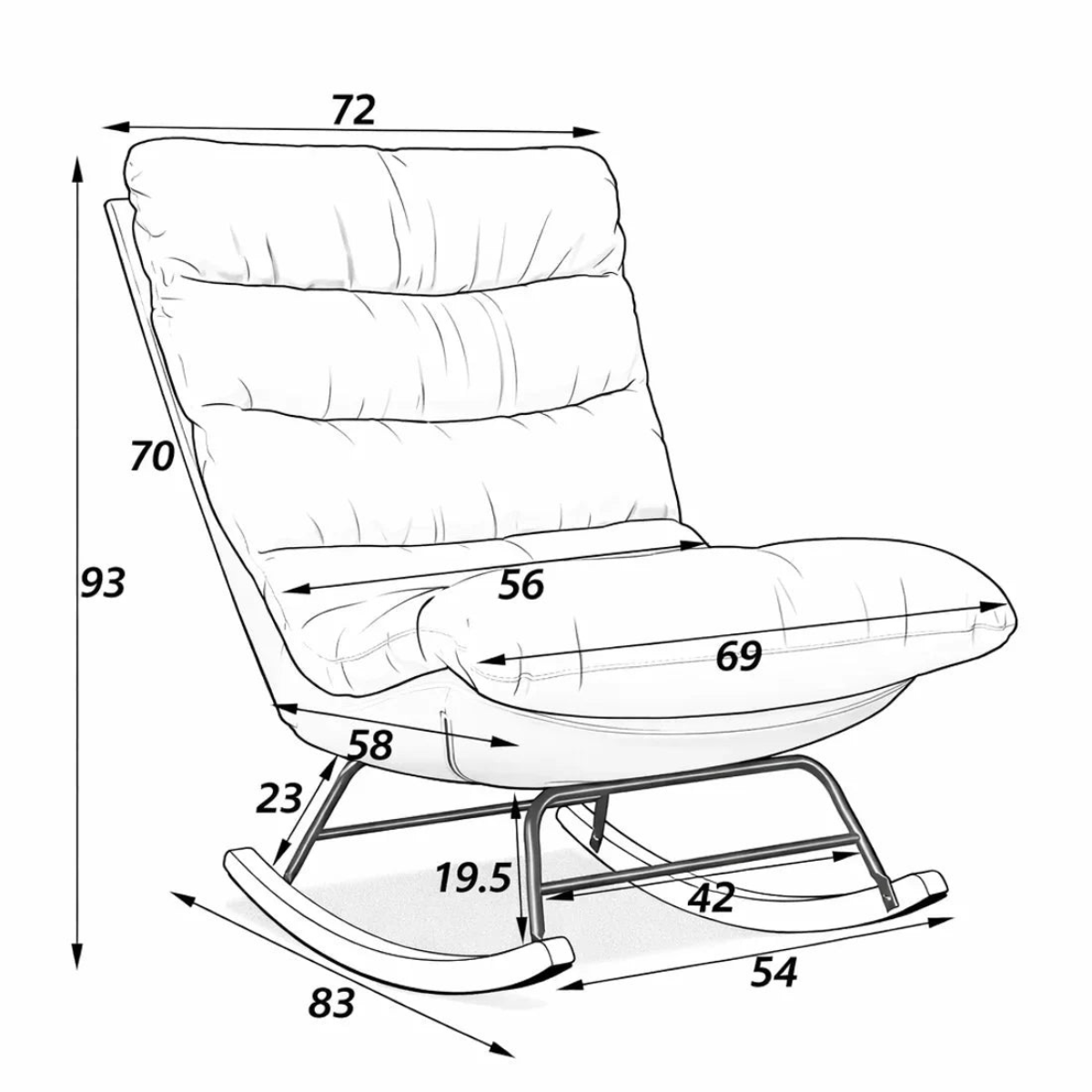Measurement diagram of a rocking chair with dimensions labeled