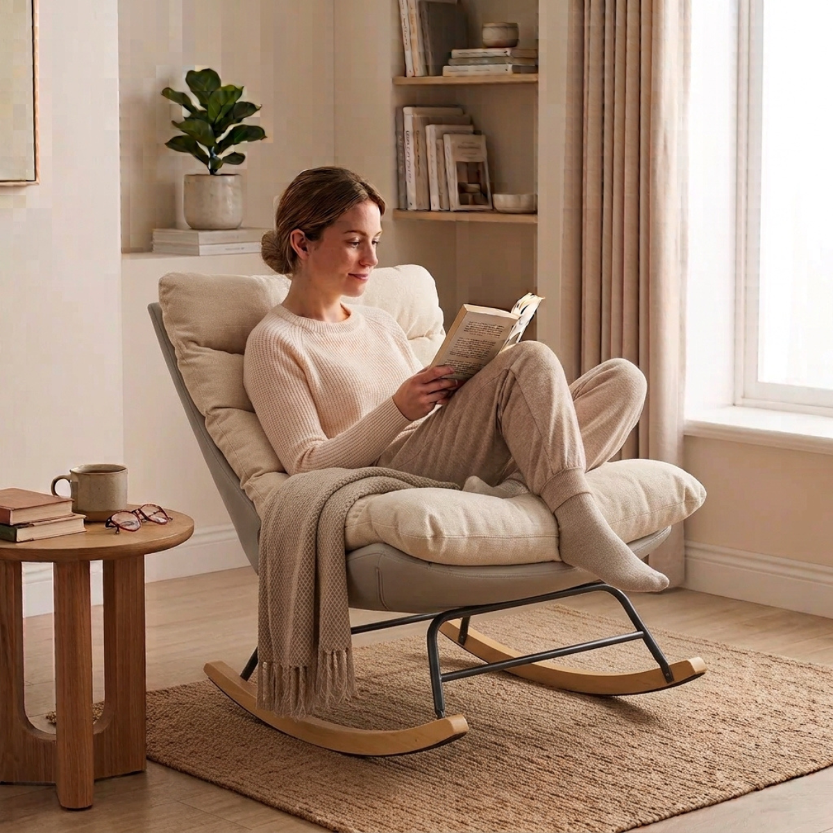 A woman in beige loungewear sits in a cushioned rocking chair reading a book in a softly lit room with a window, shelves, and a small wooden side table.
