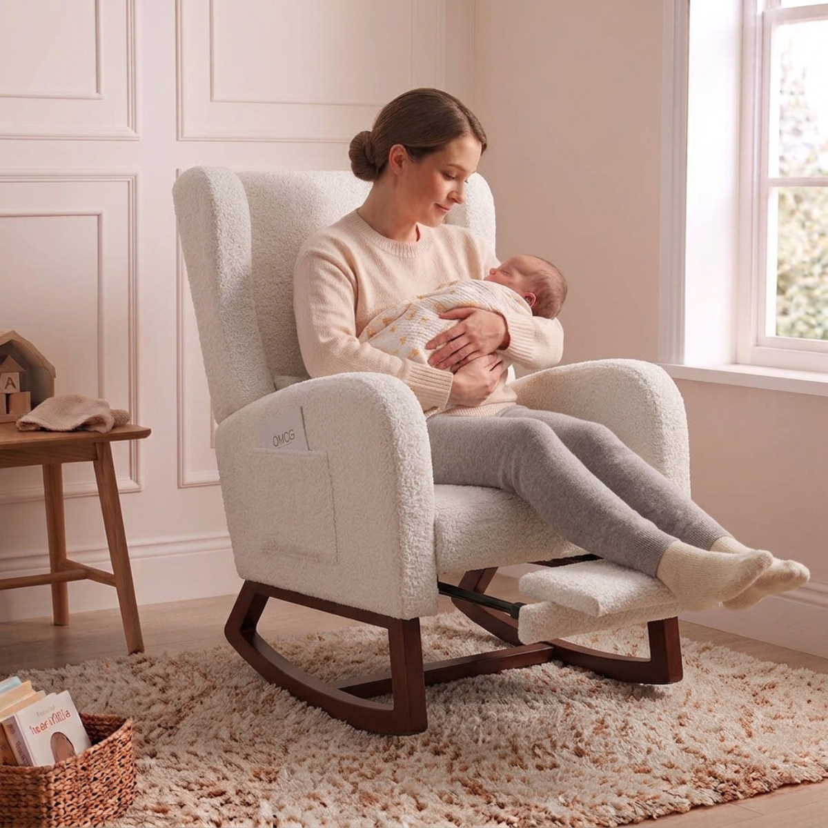 A woman in a cream sweater and gray leggings sits in a cream boucle rocking chair, holding a baby wrapped in a white blanket. The chair has dark wood rockers and is placed on a shag rug in a softly lit room.