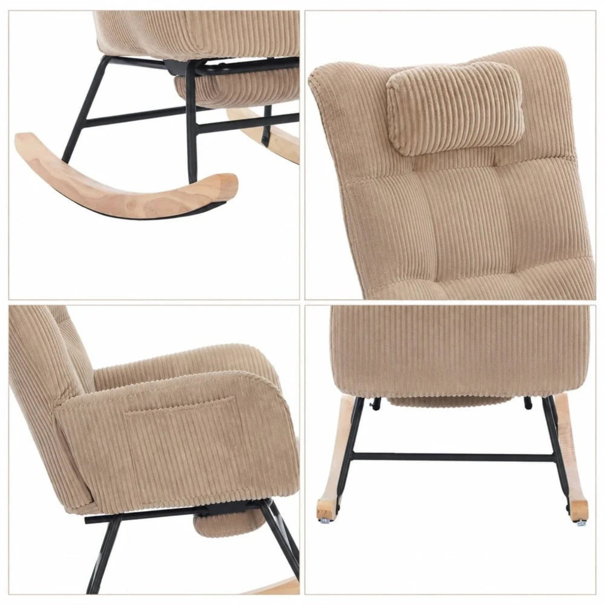 Beige rocking chair with detailed views of the fabric and base on a white background