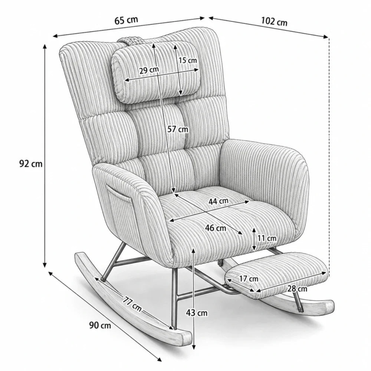 Gray rocking chair with dimensions labeled on a white background